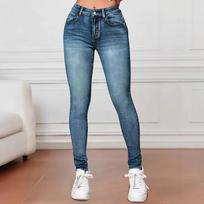 European & American Cross-Border Mid-Waist Washed Stretch Butt-Lifting Women's Skinny Jeans L povo mėlyna spalva