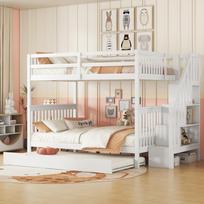 140*200cm bunk bed, staircase shelf, equipped with pull-out trundle bed, high railings, EN747-1 certified, white balta