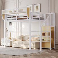 Loft Bed 90x200 with Safety Ladder and Flexible Storage Compartment, Metal Bed Adult Bed Children's Bunk Bed White 255 x 95 x 191 cm balta