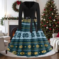 Women's Casual Vintage V-Neck Long Sleeve Dress with Christmas Print L tamsiai žalia spalva