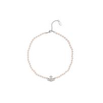 Vivienne Westwood Olympia Pearl Cross Crystal Saturn Pattern Plated Gold Pearl Necklace Unisex necklace Silver 6301011P-02P373 Box white
