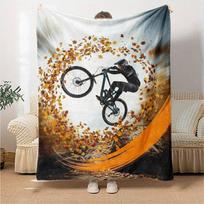Downhill Mountain Biker Autumn Maple Leaf Circle Print Flannel Blanket Extreme Sport Graphic Soft Throw Blanket Cycling Fan Bedroom Decor 80cm x 120cm brown