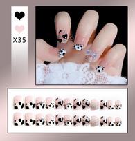 24Pcs French Short Press On Nails With Rhinestones And Bows Cute Full Cover Artificial False Nail Tips gray