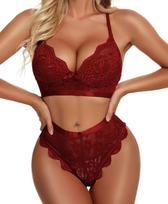 Meng Zhi Ya Sexy Lace Three-Piece Lingerie Set - New European and American Style. Small vyno raudonos spalvos