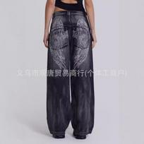 Cross-border trendy brand American retro wings printed jeans women's y2k street babes versatile loose mopping pants ins S juoda