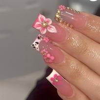 24Pcs Long Pink French Press On Nails With 3D Flower Design Simple Artificial False Nail Tips brown