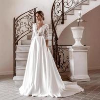 European and American new wedding dress crew neck lace long sleeve satin thin can be ordered large size 2 dramblio kaulas