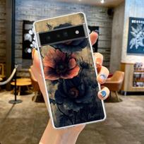 For Google Pixel 10 Pro Clear Phone Case Pixel 9 Pro XL Pixel 8 Pro 9A 8A 7A 7 6A 6 Pro Soft TPU Cover Ink Wash Painting Flower For Pixel 6 black