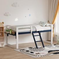 Vaikų dviaukštė lova 90x200 cm, masyvi pušis, apsauga nuo kritimo, kopėčios ir lentynėlė-stalas, grotelės įtrauktos, spalva balta-tamsiai mėlyna, DE602090BW