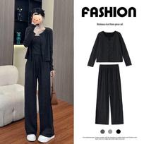 Cardigan, Camisole, and Wide-leg Pants 3-piece Set – Casual Spring/Autumn Style. XL (Recommended 120-140 Jin) gray