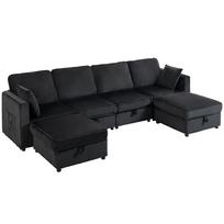 Modulinė sofa su daiktadėžėmis ir 2 pufais, tamsiai pilka ir juoda, 306 x 153 x 85 cm