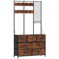 Drabužių kabykla su 14 kablių ir 7 stalčiais, rustikinė ruda ir juoda, 100 × 30 × 183 cm