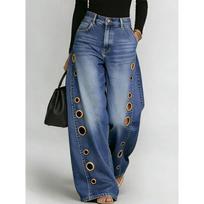 European and American new jeans women's metal hole design casual loose high waist wide leg jeans S