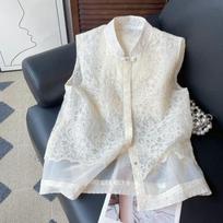 Women Floral Embroidered Lace Mandarin Collar Frog Button Sleeveless Vest 3XL balta