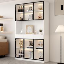 Glass Cabinet Door 200cm High Display with LED Lights, Multi Storage Bookshelf for Collection Bedroom Living Room Office, White - Black Door Frame 120 x 36 x 200 cm balta