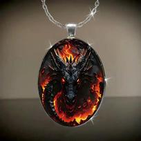 Red Fire Dragon Pattern Oval Glass Pendant Necklace 50cm black