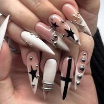 24Pcs Long Stiletto Press On Nails French Tip With Pearls Almond Shape Fake Nail Tips Stick On Manicure Set brown
