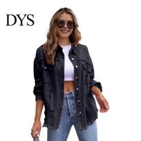 Young Women Denim Jacket Retro Single-breasted Ripped Hole Turn-down Collar Long Sleeves Outerwear Solid Color Flap Pockets Lady Coat Commuting M juoda