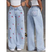Women's High Waist Wide Leg Jeans Loose Fit Street Casual Cherry Bow Embroidery Washed Light Blue Denim Pants Summer Floor Length Long Trousers S šviesiai mėlyna spalva
