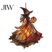 Bat Wall Art Witch Acrylic Suncatcher, Stained Glass Effect Window Car Hanging Ornament, Gothic Scary Unique Themed Room Accents with Pumpkin Lantern E