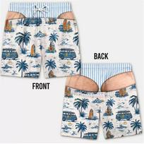 Men Funny Fake Butt Swim Trunks, Vintage Surf Van Palm 3D Illusion Stripe Waist Quick‑Dry Drawstring Beach Board Shorts XXS gray