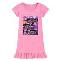 M1225 Kids Girls Kpop Rumi Zoey Mira Print Short Sleeves Ruffle Dress 100cm rožinė