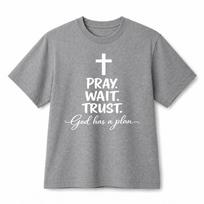 Pray Wait Trust God Has A Plan Cross Christian Graphic Cotton T‑Shirt Unisex 2XL gray