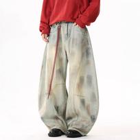 Tide hip hop waste soil mud dyed dirty denim scimitar pants men's couple loose trousers women's casual trousers yellow S geltona