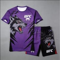 Mens Breathable MMA Training Set 3D Digital Print Short Sleeve Tee Shorts Sportswear Small violetinė
