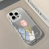 Gentle French Pink Tulip Pattern Back Mirror Phone Case For iPhone 17 Air 16 15 Pro 14 13 12 11 Pro Max X XR XS 7 8 Plus Cover iPhone 11 Pro skaidri