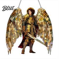 Archangel St Michael Pendant Golden Warrior Acrylic Suncatcher Faux Stained Glass Window Hanging Retro Style Faith with Metal Chain Religious black