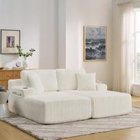 2-Seater Relax Sofa Bed, Lounge Chair, Soft Corduroy Fabric, with Side Magazine Pocket, Drink Holder and Cushion, Suitable for Living Room, Beige smėlis