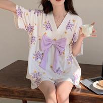 Summer Sweet Kimono Women's Short Sleep Tops Shorts Pajamas Set Ladies Cute Home Clothes Sleepwear Pyjama M white