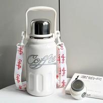 800/1000ml 316 nerūdijančio plieno termo puodelis su kavos atspaudu, didelės talpos termosas su rankena ir dirželiu 800ml balta