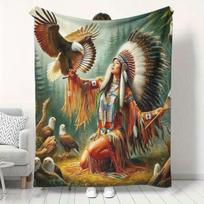 Native American Beauty and Eagle Print Flannel Throw Blanket - Soft, Warm Polyester Fleece, Ideal for Couch, Home Leisure, Office, Camping, and Travel 75X95CM gray