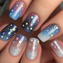 Summer Sweetheart Handmade Short Coffin Press On Nails Dreamy Stars Moon Colorful Cute Fake Nails For Girls