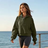 Women's Half Zip Hoodie Cropped Casual Pullover for Athletic Wear L armijos žalia spalva