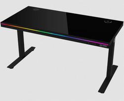 Dual-motor sit/stand adjustable-height gaming desk with wireless charger, RGB lighting, control panel, and USB ports, solid tempered glass tabletop, black. | LRG-DP80G