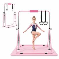 Gimnastikos strypai VEVOR QT1893A, su kilimėliu ir 2 žiedais, Rožinė, 150 × 108 × 135 cm