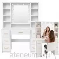 Didelis tualetinis staliukas su veidrodžiu, LED apšvietimu, lentynomis ir 7 stalčiais, baltas, 140x100x40 cm