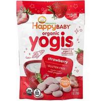 Happy Family Organics, „Happy Baby® Organic Yogis“ šaltyje džiovinti jogurto ir vaisių užkandžiai, skirti ropojantiems kūdikiams, braškių skonio, 28 g