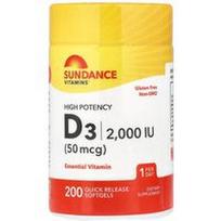 Sundance Vitamins, Didelės koncentracijos vitaminas D3, 50 mcg (2000 TV), 200 greito atpalaidavimo minkštųjų kapsulių
