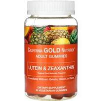 California Gold Nutrition, Liuteino ir zeaksantino guminukai, tropiniai vaisiai, 90 vegetariškų guminukų