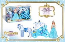 Mėlyna karieta su baltu žirgu ir princesės lėlyte