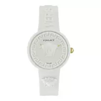 Versace moteriškas VE6G00123 šveicariškas kvarcinis 39 mm nerūdijančio plieno laikrodis su juodu odiniu dirželiu ir sidabriniu ciferblatu