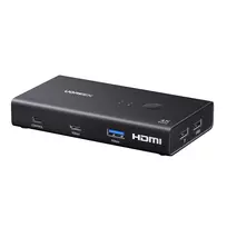 UGREEN HDMI 2.0 KVM Switch 2-In-1 Out, 2 kompiuteriai 1 monitorius, 4K@60Hz, 3 prievadų USB 2.0 Hub, mygtukas ir karštųjų klavišų perjungimas, aliuminio lydinys, HDCP 2.2, HDR10
