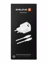Evelatus FusionCharge sieninis įkroviklio rinkinys 20W maitinimo adapteris su 60W USB-C į Lightning silikoniniu kabeliu baltas