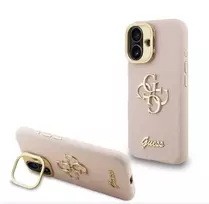 Guess Apple iPhone 16 Pro Max PU grūdėtos odos dėklas su 4G logotipu, stoveliu ir fotoaparato apsauga, rožinis