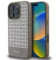 DKNY Apple iPhone 16 Pro Max PU odos dėklas su pasikartojančiu raštu ir apatine juostele, MagSafe, rudas