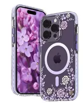 Kingxbar Apple iPhone 14 Pro MagSafe dėklas su bijūnų raštu Flora Series violetinis